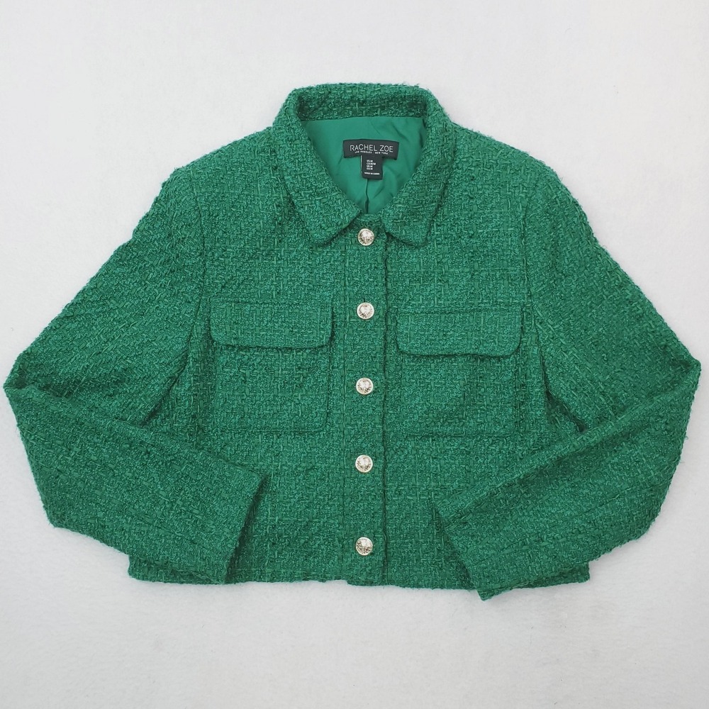 Rachel Zoe Blazer Womens Medium‎ Green Boucle Tweed Cropped Gold Button Jacket